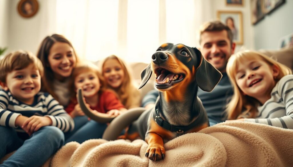 Affectionate dachshund with family